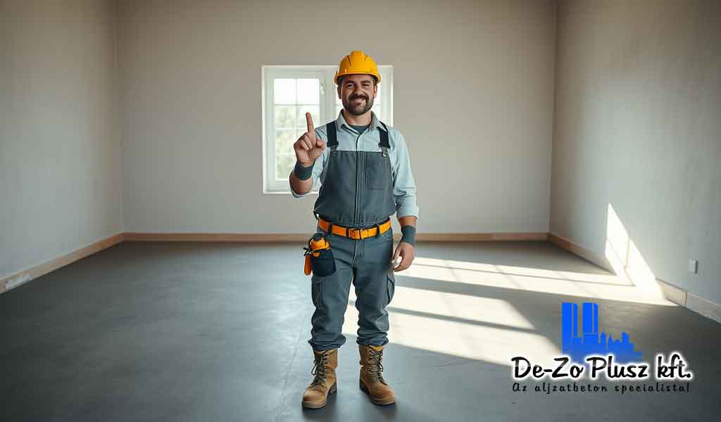 Barátságos szakmunkás aljzatbetonos szobában felemelt mutatóujjal jelzi az estrich beton fontosságát a padló tartósságában.