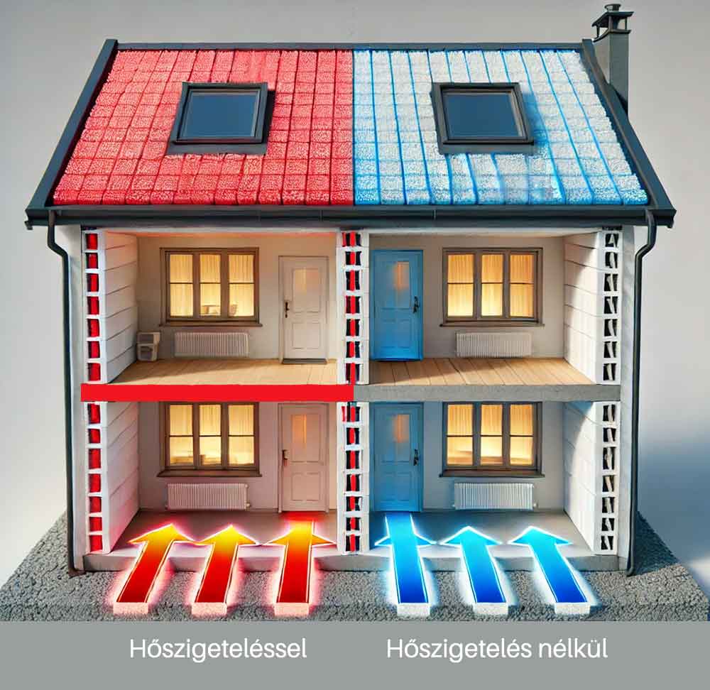 Két ház keresztmetszeti összehasonlítása a hőszigetelés hatékonyságának bemutatására. A bal oldali ház hagyományos beton aljzattal nagy hőveszteséget mutat, piros nyilakkal jelölve a kiszökő hőt. A jobb oldali ház polisztirol betonos szigeteléssel rendelkezik, amely csökkenti a hőveszteséget, ezt kék-piros átmenetek szemléltetik. Az ábra vizuálisan bemutatja az energiahatékonyság különbségeit.